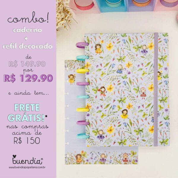 Caderno de disco Floresta Encatada Grande + Refil com Folhas Decoradas